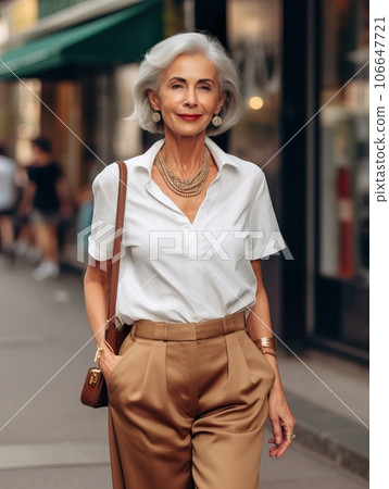 Beautiful senior lady with gray hair posing standing in the street of European city, gorgeous older woman fashion model, streetstyle blogger 106647721