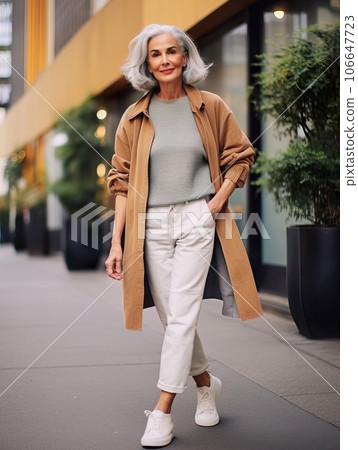 Beautiful senior lady with gray hair posing standing in the street of European city, gorgeous older woman fashion model, streetstyle blogger Beautiful senior lady with gray hair posing standing in the street of European city, gorgeous older woman fashion model, streetstyle blogger 106647723