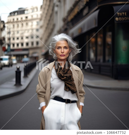 Beautiful senior lady with gray hair posing standing in the street of European city, gorgeous older woman fashion model, streetstyle blogger Beautiful senior lady with gray hair posing standing in the street of European city, gorgeous older woman fashion model, streetstyle blogger 106647732