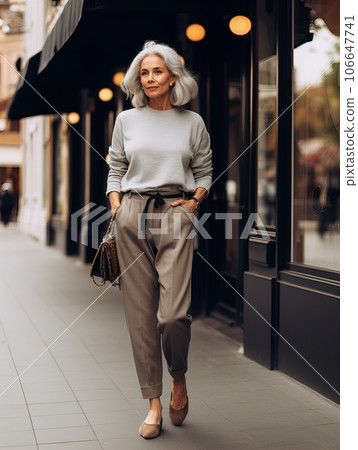 Beautiful senior lady with gray hair posing standing in the street of European city, gorgeous older woman fashion model, streetstyle blogger Beautiful senior lady with gray hair posing standing in the street of European city, gorgeous older woman fashion model, streetstyle blogger 106647741