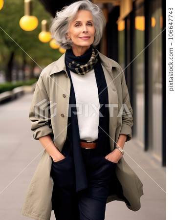 Beautiful senior lady with gray hair posing standing in the street of European city, gorgeous older woman fashion model, streetstyle blogger Beautiful senior lady with gray hair posing standing in the street of European city, gorgeous older woman fashion model, streetstyle blogger 106647743