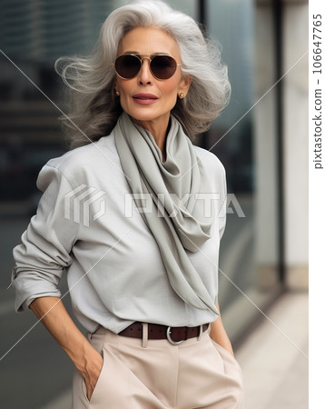 Beautiful senior lady with gray hair posing standing in the street of European city, gorgeous older woman fashion model, streetstyle blogger Beautiful senior lady with gray hair posing standing in the street of European city, gorgeous older woman fashion model, streetstyle blogger 106647765