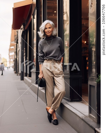 Beautiful senior lady with gray hair posing standing in the street of European city, gorgeous older woman fashion model, streetstyle blogger Beautiful senior lady with gray hair posing standing in the street of European city, gorgeous older woman fashion model, streetstyle blogger 106647766