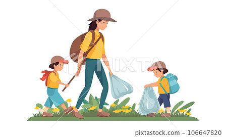 A woman and children are collecting trash in the forest. Nature preservation and environmental education concept. AI generated 106647820
