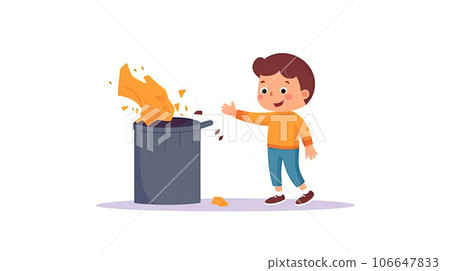 Illustration of child throwing trash in recycling bin recycling container waste container on white background. Copy space. Zero waste concept. Environmental awareness education. AI generated 106647833