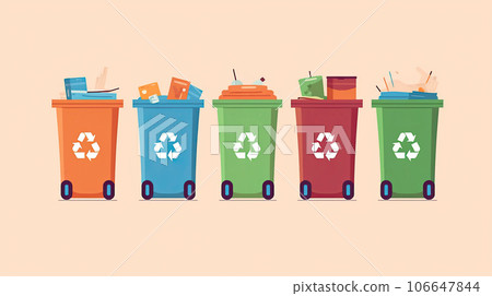 Zero waste concept, trash in recycling container, illustration of waste containers on rose background. 106647844