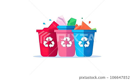 Zero waste concept, trash in recycling container, illustration of three waste containers on white background. AI generated 106647852