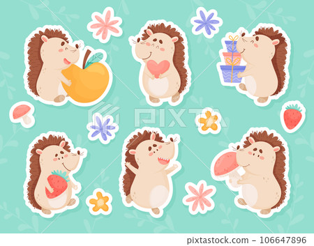 Cute Hedgehog Character and Forest Spiny Creature Vector Sticker Set 106647896