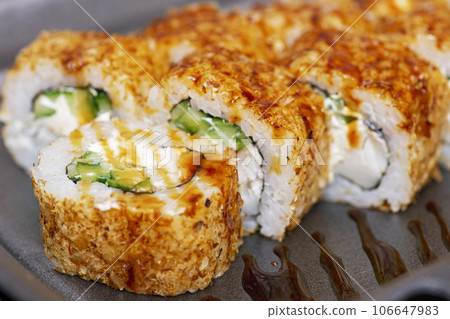 Sushi roll japanese food in restaurant. Japanese food. Japan restaurant menu 106647983