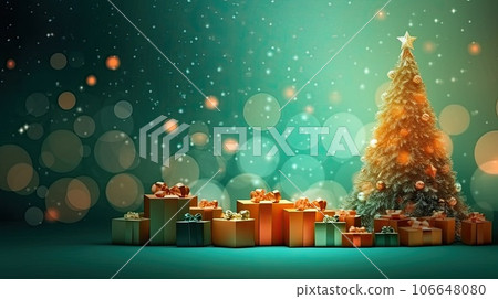 Abstract Christmas banner background with Christmas tree, gift boxes and bokeh, green orange gradient. Merry Christmas Happy New Year banner. Boxing day 106648080