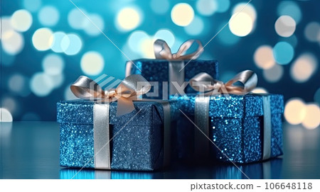 Captivating festive scene with three shimmering blue gift boxes set against a stunning blue gradient background and gold bokeh, creating an enchanting atmosphere of celebration and joy. AI generated 106648118