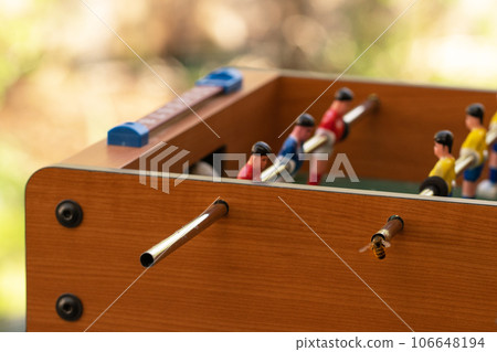 A wasp wants to build a nest in a children's toy, a foosball table, located on the terrace on a sunny summer day. Wildlife Encounters, Unconventional Nesting 106648194