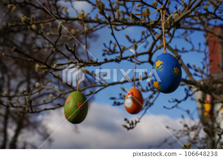 Colorful easter eggs hanging on tree branches on a sunny day with blue sky background. Selective focus. Concept of Easter in Germany. Frohe ostern Colorful easter eggs hanging on tree branches on a sunny day with blue sky background. Selective focus. Concept of Easter in Germany. Frohe ostern 106648238