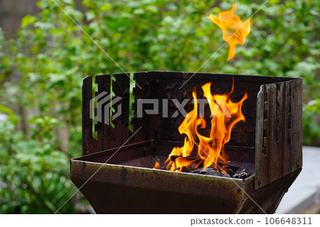 BBQ grill flame burning fire, barbecue outdoors for cooking food in garden. Big and tall grill flames on barbecue, green plant background 106648311