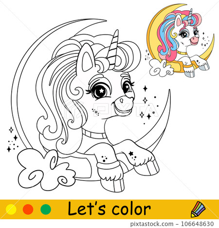 Cartoon unicorn on the moon kids coloring book page vector 106648630