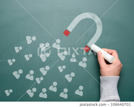 Magnet and icons drawn with white chalk. The concept of attracting new customers and retaining the audience 106648701