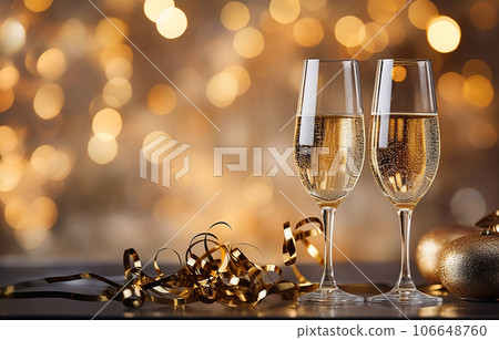New Year Toast Champagne - Flutes With Christmas Decoration New Year Toast Champagne - Flutes With Christmas Decoration 106648760