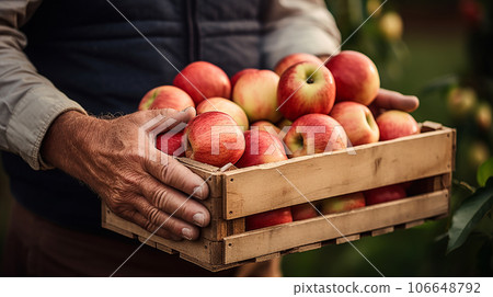 farmer holding a crate of apples,close up farmer holding a crate of apples,close up 106648792