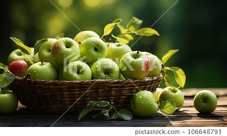 Green fresh apples in wicker basket on old wooden table in garden. Organic apples outdoor after picking in orchard. Basket with heap of apple harvest in fall garden Green fresh apples in wicker basket on old wooden table in garden. Organic apples outdoor after picking in orchard. Basket with heap of apple harvest in fall garden 106648793