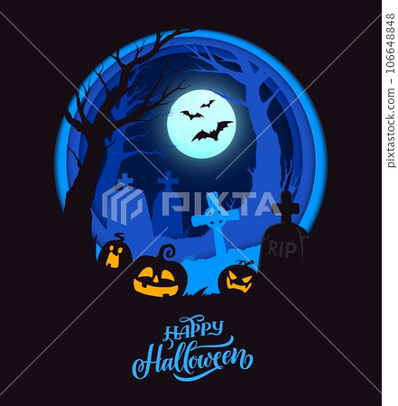 Halloween paper cut midnight cemetery silhouette with scary pumpkin lanterns, holiday vector poster. Happy Halloween greeting card with night moon and bats, RIP cross tombstones on paper cut graveyard 106648848