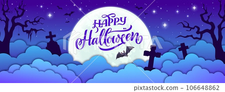 Halloween paper cut cemetery landscape with mist clouds and cemetery tombs, vector horror creatures. Happy Halloween holiday greeting card with spooky boo bats and grave cross tombs in papercut forest 106648862