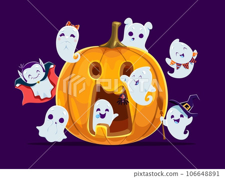 Halloween kawaii ghosts around holiday pumpkin. Vector flying ghosts and spirits cartoon characters wearing Halloween trick or treat party costumes, witch hat and broom, Dracula vampire cape, spider Halloween kawaii ghosts around holiday pumpkin. Vector flying ghosts and spirits cartoon characters wearing Halloween trick or treat party costumes, witch hat and broom, Dracula vampire cape, spider 106648891