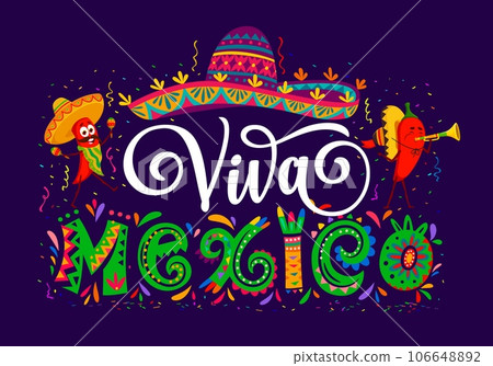 Viva Mexico banner with chili peppers, mexican Independence Day holiday party vector poster. Cartoon sombrero hat, confetti, mariachi musician red peppers characters playing maracas and trumpet Viva Mexico banner with chili peppers, mexican Independence Day holiday party vector poster. Cartoon sombrero hat, confetti, mariachi musician red peppers characters playing maracas and trumpet 106648892