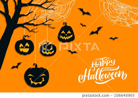 Halloween pumpkins on tree, holiday horror boo bats and cobwebs, vector poster. Happy Halloween greeting card and creepy night party poster with creepy spooky pumpkins and spiderweb on tree silhouette 106648905