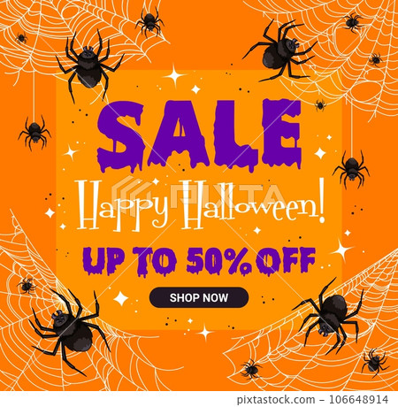 Halloween sale banner with cobweb and spiders for holiday discount promotion, vector background. Halloween 50 percent discount promo sale for shop or store with spooky spiders on spiderweb Halloween sale banner with cobweb and spiders for holiday discount promotion, vector background. Halloween 50 percent discount promo sale for shop or store with spooky spiders on spiderweb 106648914