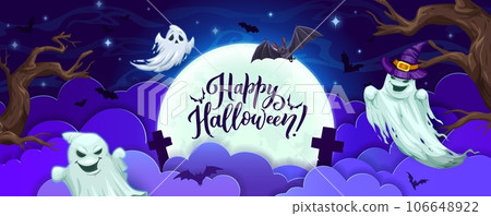 Halloween holiday paper cut mist in midnight forest and flying ghosts, vector horror monsters. Happy Halloween greeting card with spooky boo ghosts and cemetery cross tombs in paper cut night forest Halloween holiday paper cut mist in midnight forest and flying ghosts, vector horror monsters. Happy Halloween greeting card with spooky boo ghosts and cemetery cross tombs in paper cut night forest 106648922