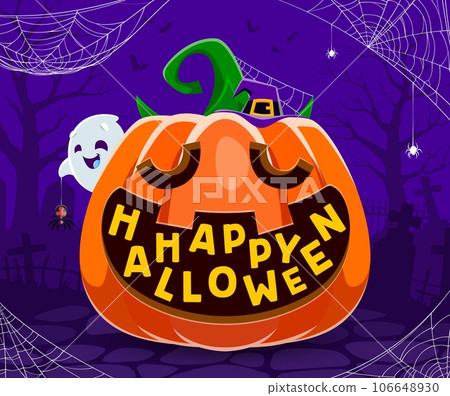 Halloween kawaii ghost and big pumpkin between cobweb and spiders on cemetery, holiday vector poster. Happy Halloween greeting card with funny boo ghost and spiderweb with night cemetery tombstones 106648930