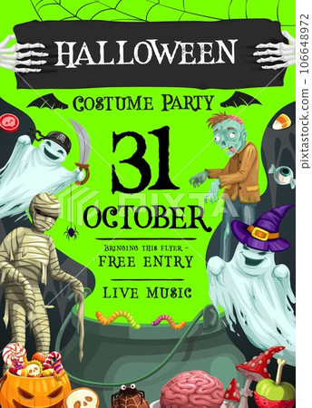 Halloween costume party flyer for the spooktacular night celebration, filled with eerie delights, ghoulish games and thrilling fun. Vector invitation banner with spook pirate and wizard, mummy, zombie 106648972