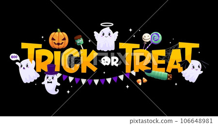 Trick or treat banner with cute kawaii ghost characters and sweets. Vector Halloween holiday funny pumpkin, skull and zombie lollipops, corn candy and witch finger cookie, cobweb and flags garland 106648981