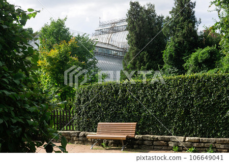 view of the Saint Petersburg Botanical Garden, a bench and a hedge against the background of ancient greenhouses 106649041