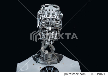 head of anthropomorphic robot capable of imitating emotions, without an outer shell skin, on a black background 106649071