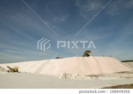 Trucks unloading raw salt bulk, Salinas Grandes de Hidalgo, La Pampa, Argentina. Trucks unloading raw salt bulk, Salinas Grandes de Hidalgo, La Pampa, Argentina. 106649268