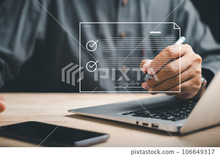 Businessman embraces digital transformation, signing business contract online. Illustrates e-signing, digital document management, and paperless office concept. Agreement is sealed. 106649317