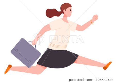 Girl running with briefcase. Work race. Rushing person 106649328