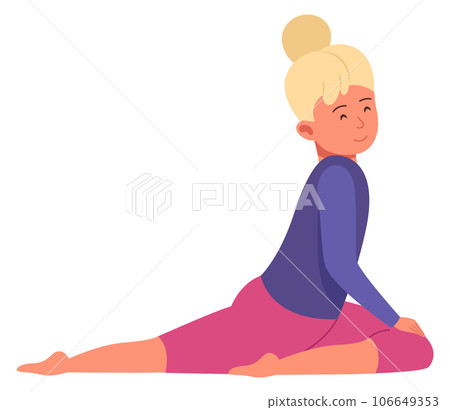 Child yoga. Smiling girl in pose. Stretching exercise 106649353