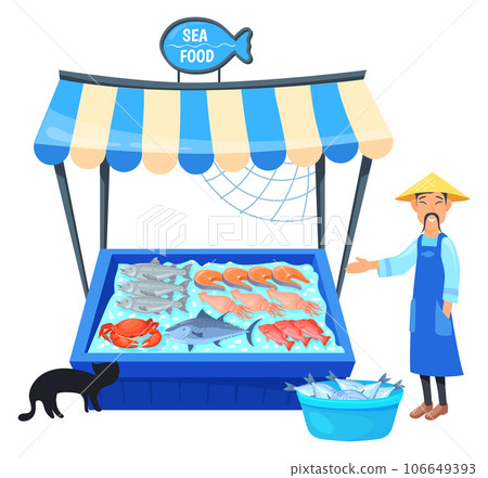 Market fish stand. Raw fresh sea food stall Market fish stand. Raw fresh sea food stall 106649393