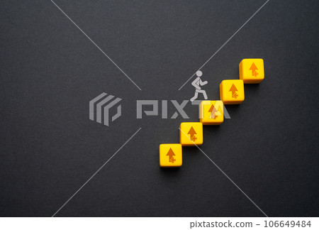 Get a raise. Men climbs career ladder of success. Going on a new level. Success, self improvement skills and abilities. Achieve life goals. Progress and professional growth. Get a raise. Men climbs career ladder of success. Going on a new level. Success, self improvement skills and abilities. Achieve life goals. Progress and professional growth. 106649484