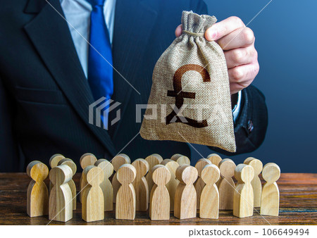 Businessman holds out a british pound sterling money bag to the crowd. Providing money, paying salaries and grants. Staff maintenance. Financial support. Tax collection. Compensation payments. 106649494