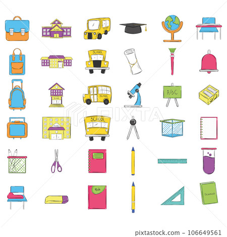 Set of colored school supplies sketch icons Vector 106649561