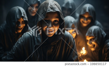 Several children dressed in scary Halloween costumes carrying candles at night - generative AI. Several children dressed in scary Halloween costumes carrying candles at night - generative AI. 106650117