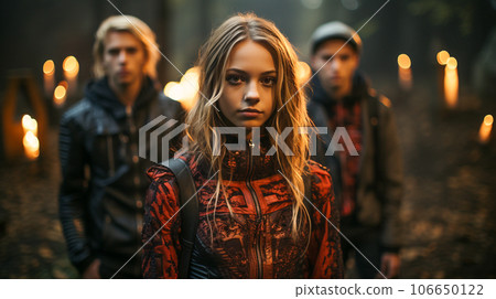 Several goth dressed teenagers amongst candles outside at night - generative AI. 106650122