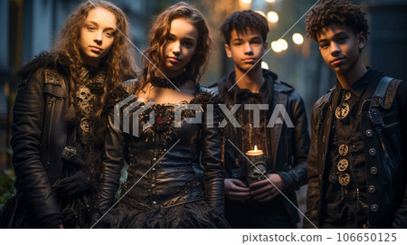 Several goth dressed teenagers amongst candles outside at night - generative AI. 106650125