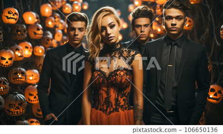 Several teenagers dressed in goth costumes for Halloween at a party together - generative AI. 106650136
