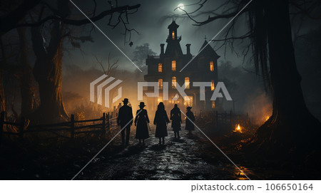 Silhouette of several people walking down the lantern lit walkway on Halloween night toward a spooky house - generative AI. 106650164