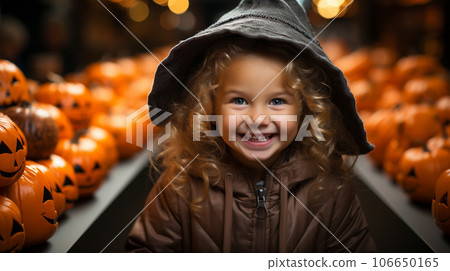Cute little girl dressed up for Halloween next to rows of decorative pumpkins - generative AI. 106650165