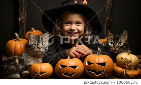 Cute little girl dressed up for Halloween with pumpkins and her cats - generative AI. 106650170
